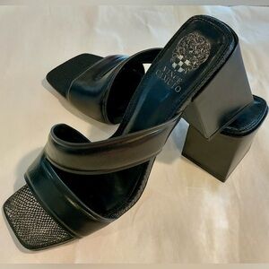 Vince Camuto Jinani Woman’s Black Leather Sandal/Mule SZ 10  3” Block Heel